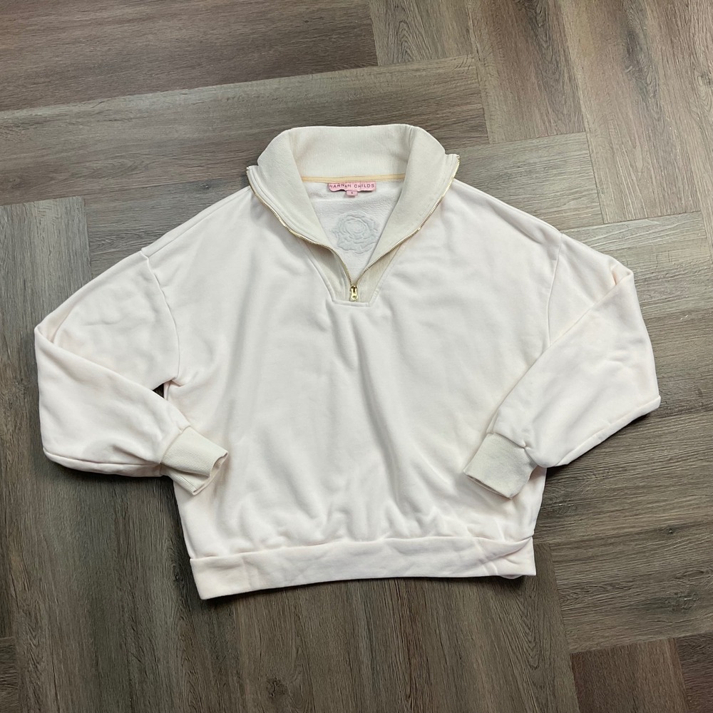 Hannah Childs 3/4 Zip Rose Embroidered Equestrian Sweatshirt Women Small Cream
